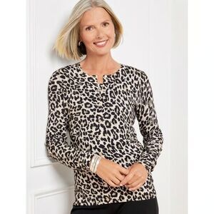 TALBOTS Leopard Print Button Cardigan Large Petite Long Sleeve Sweater Cotton